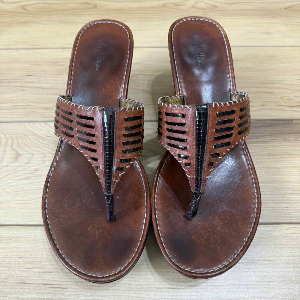 Cole Hann Brown Genuine Leather Thong Wedge Summer Bohemian Sandals SIZE 9.5